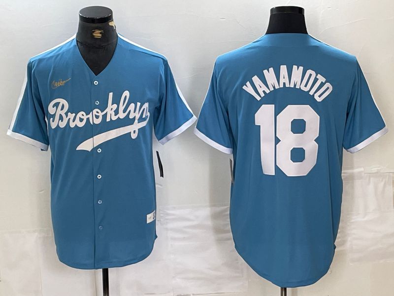 Men Los Angeles Dodgers #18 Yamamoto Light blue Throwback 2024 Nike MLB Jersey style 1->->MLB Jersey